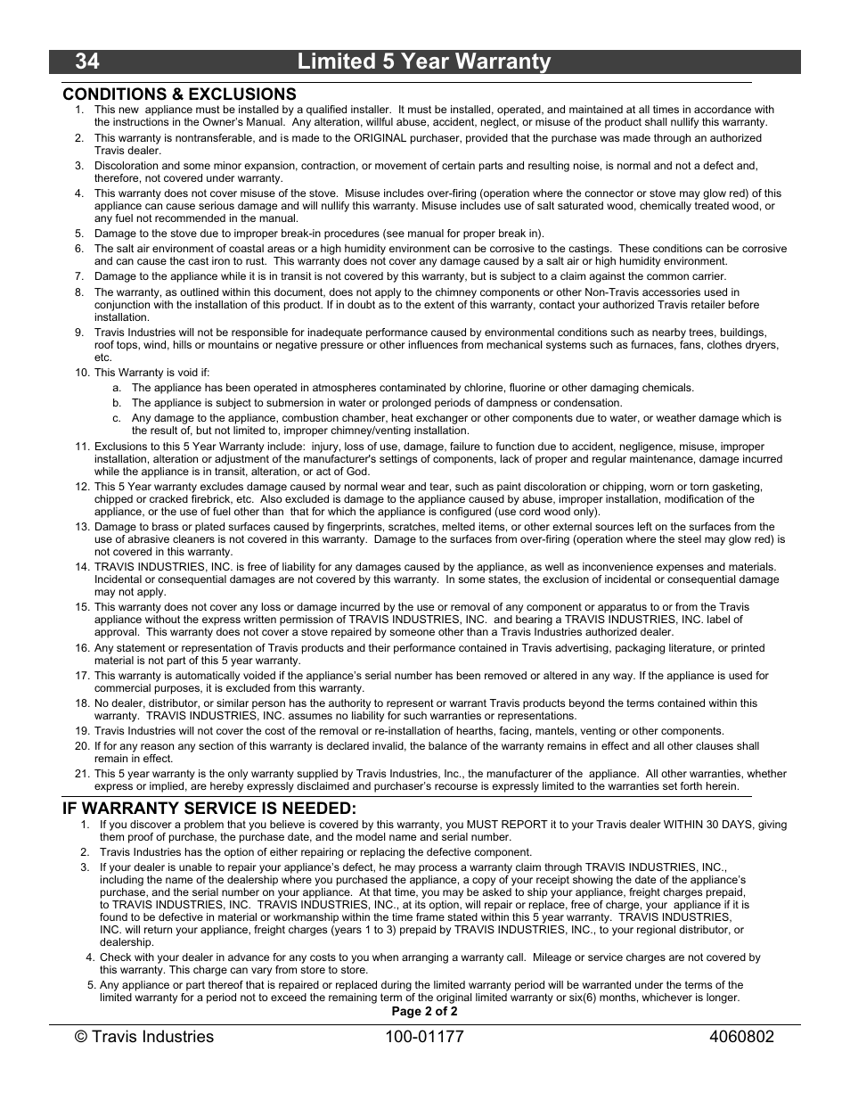 34 limited 5 year warranty, If warranty service is needed | Lopi Leyden Wood Stove User Manual | Page 34 / 38