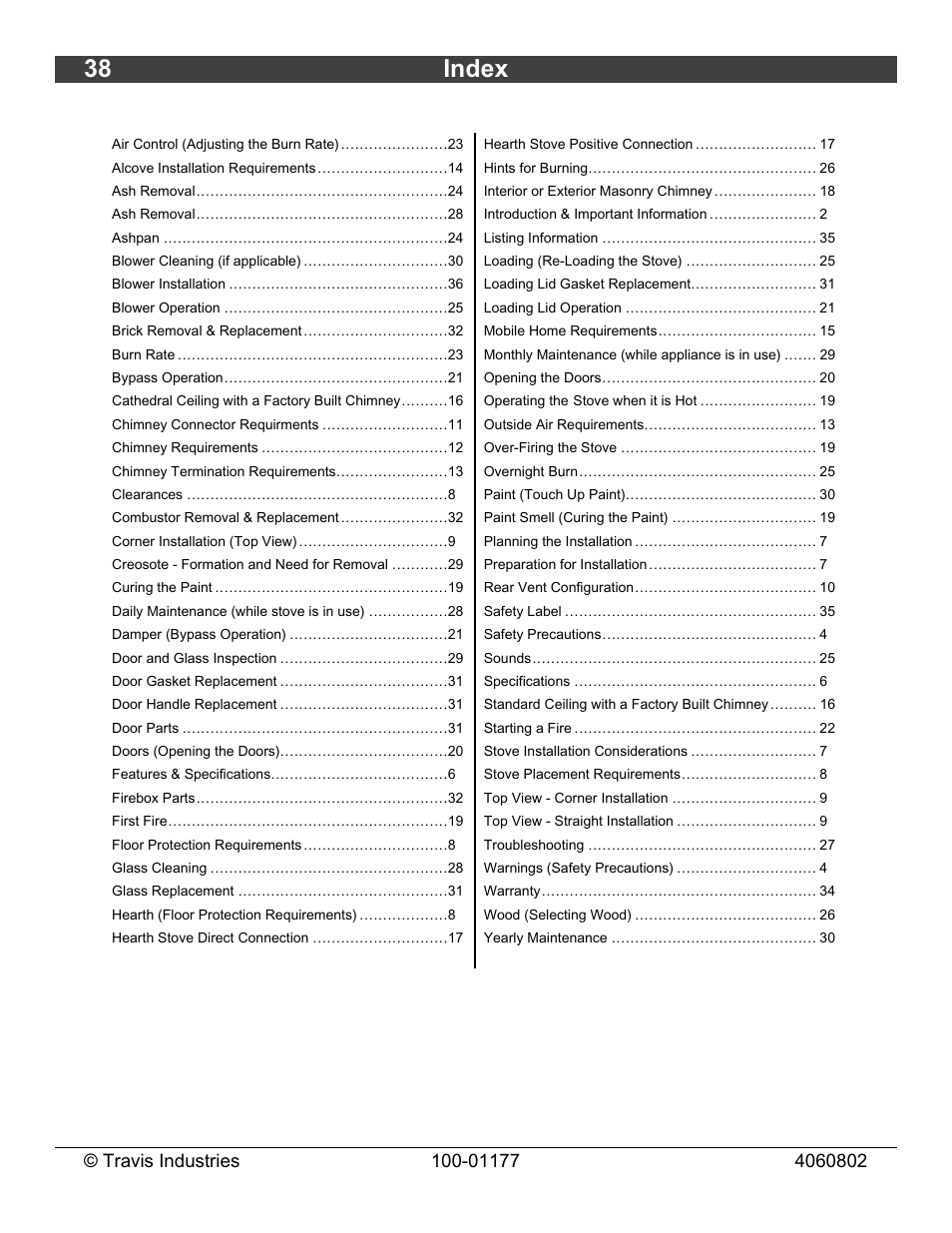 38 index | Lopi Leyden Wood Stove User Manual | Page 38 / 38