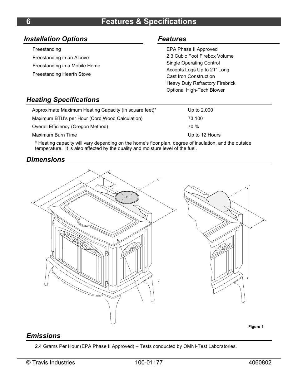 6features & specifications, Installation options, Features | Heating specifications, Dimensions, Emissions | Lopi Leyden Wood Stove User Manual | Page 6 / 38