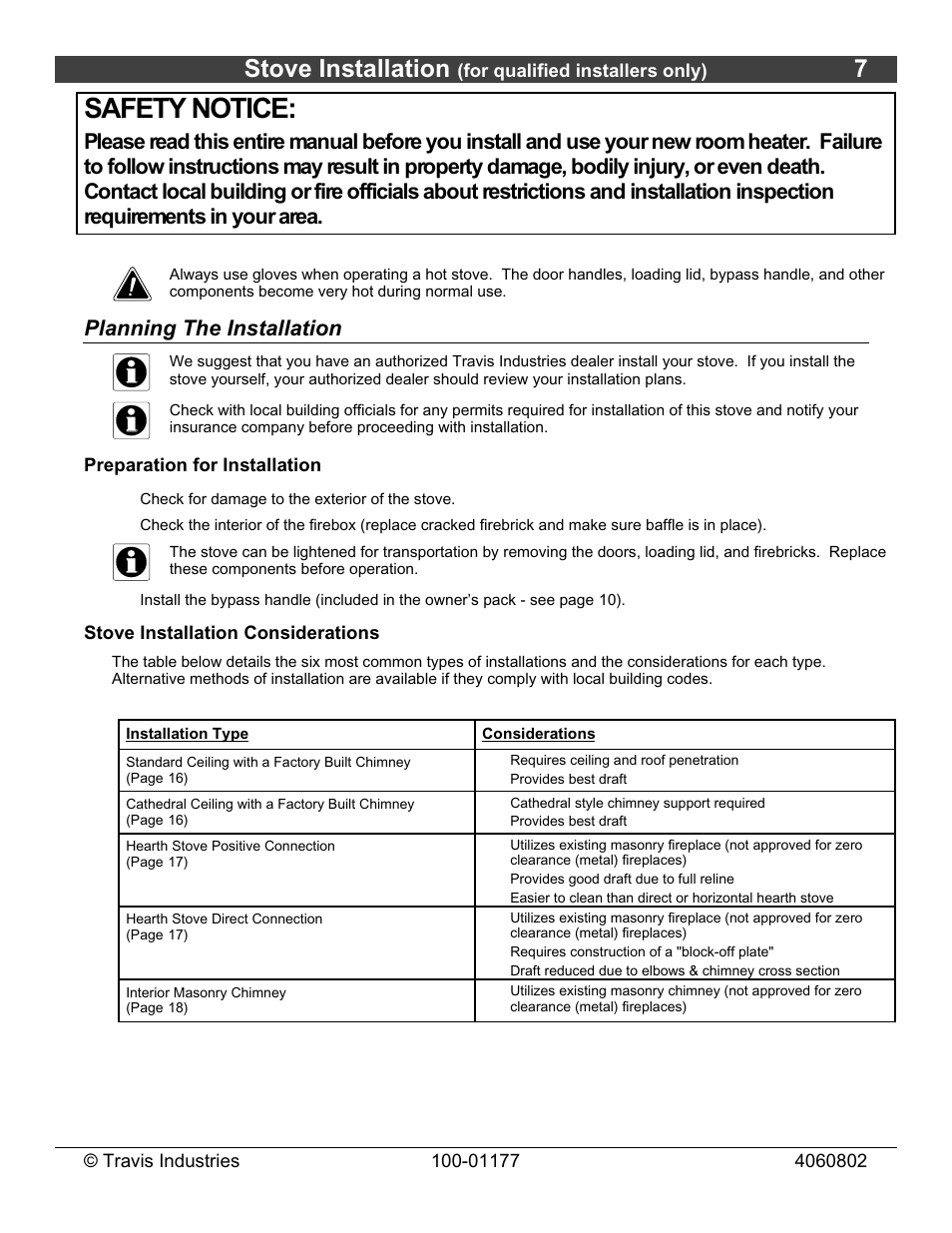 Safety notice, Stove installation, Planning the installation | Lopi Leyden Wood Stove User Manual | Page 7 / 38