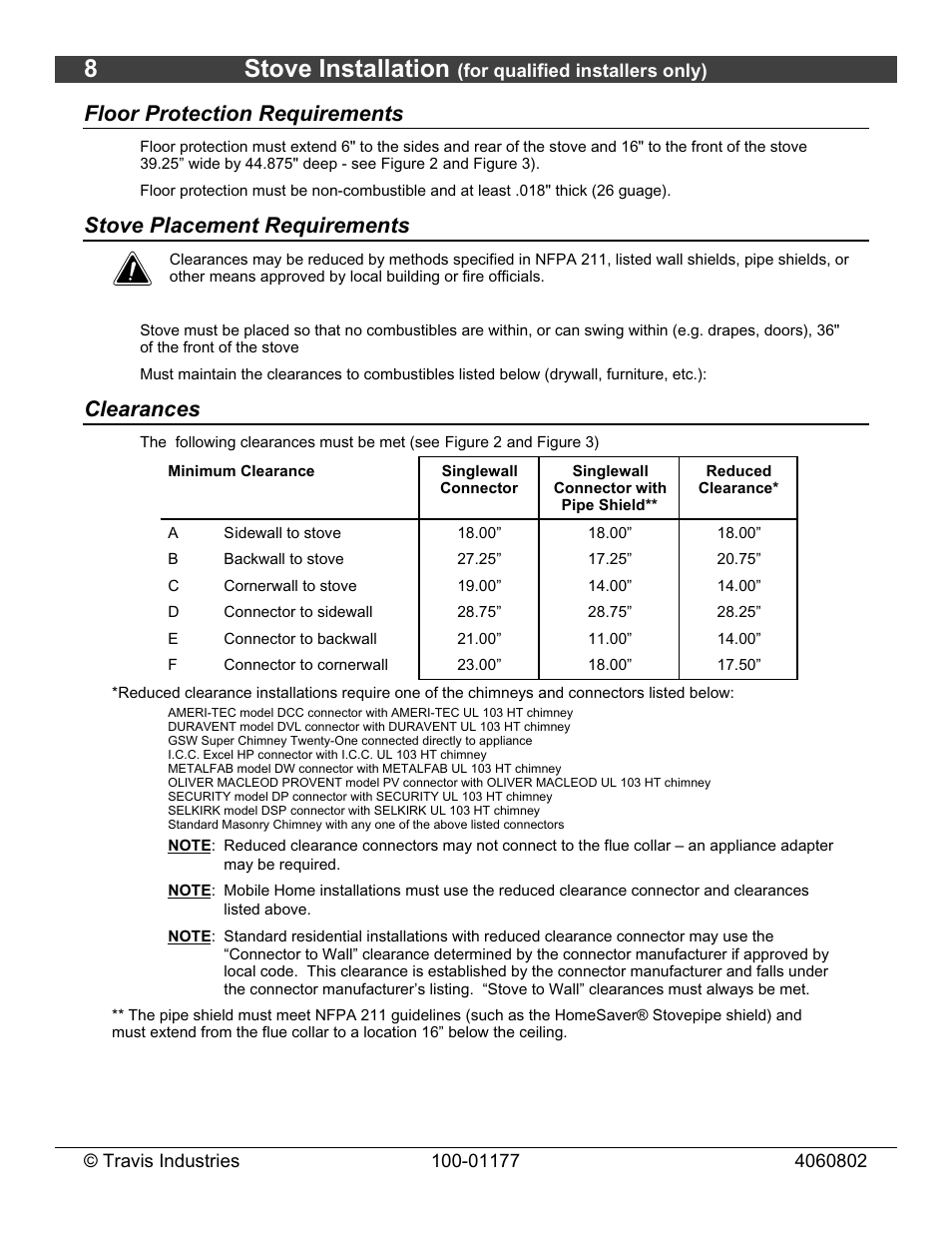 8stove installation, Floor protection requirements, Stove placement requirements | Clearances | Lopi Leyden Wood Stove User Manual | Page 8 / 38