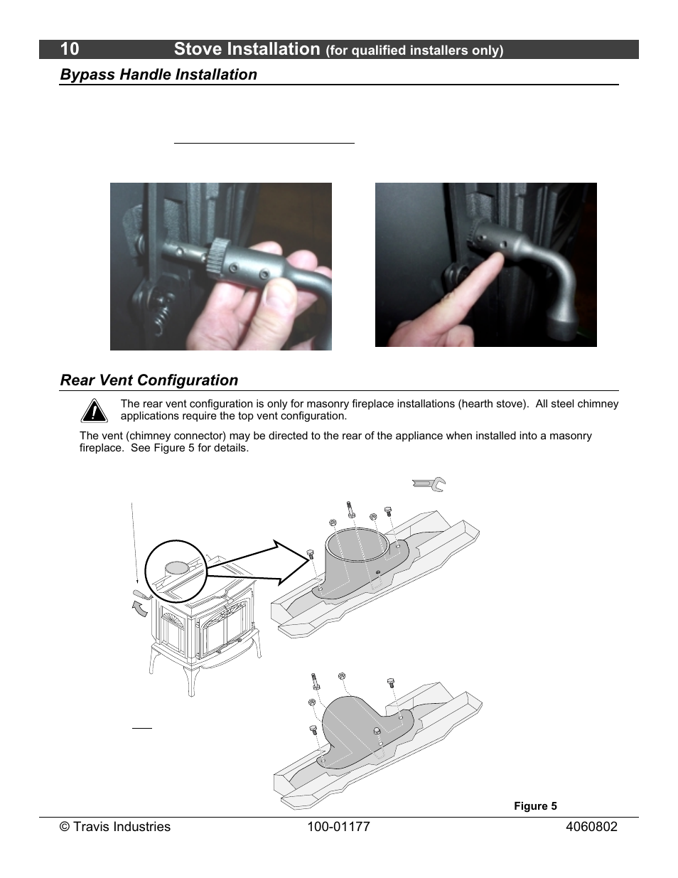 10 stove installation, Bypass handle installation, Rear vent configuration | Lopi Leyden 028-S-75-2 User Manual | Page 10 / 40