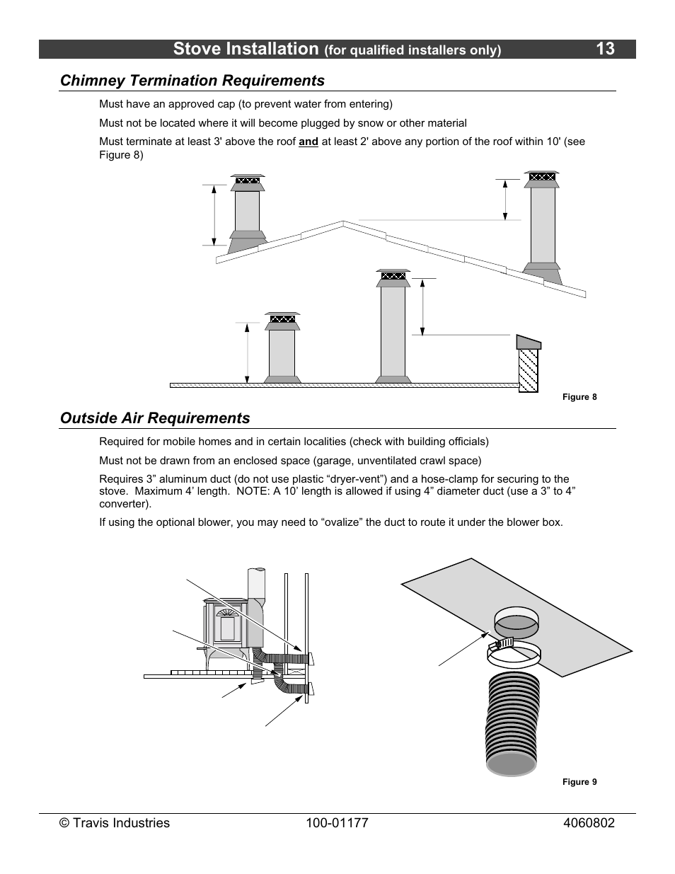 Stove installation, Chimney termination requirements, Outside air requirements | Lopi Leyden 028-S-75-2 User Manual | Page 13 / 40