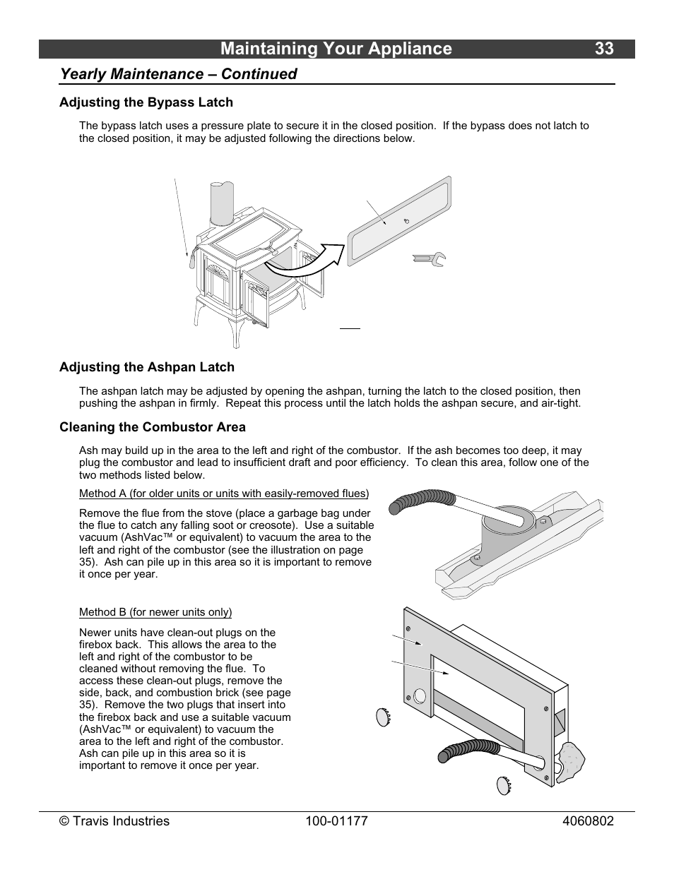 Maintaining your appliance 33, Yearly maintenance – continued, Adjusting the bypass latch | Adjusting the ashpan latch, Cleaning the combustor area | Lopi Leyden 028-S-75-2 User Manual | Page 33 / 40