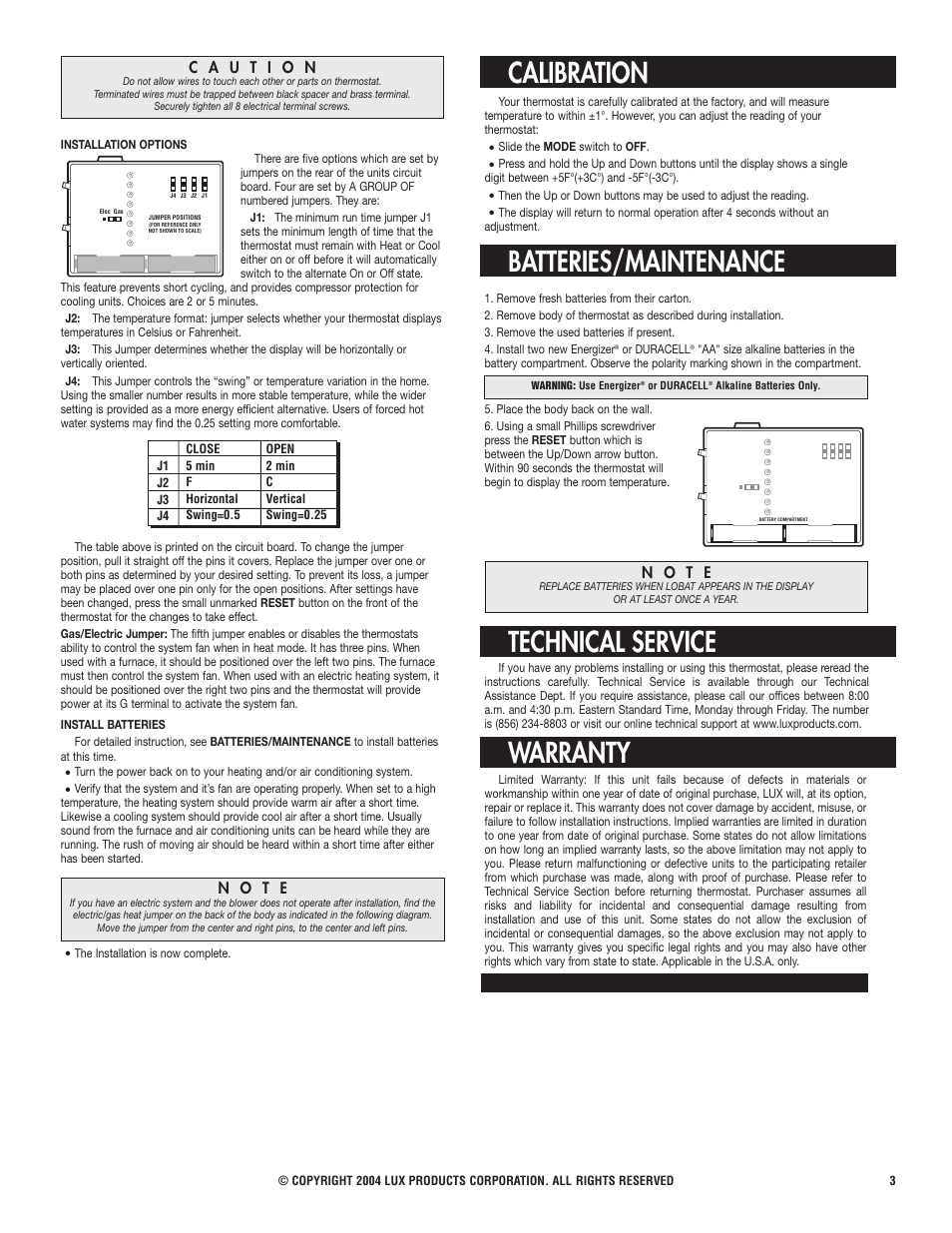 Batteries/maintenance, Technical service, Warranty | Calibration, N o t e | Lux Products PSD111 User Manual | Page 3 / 3