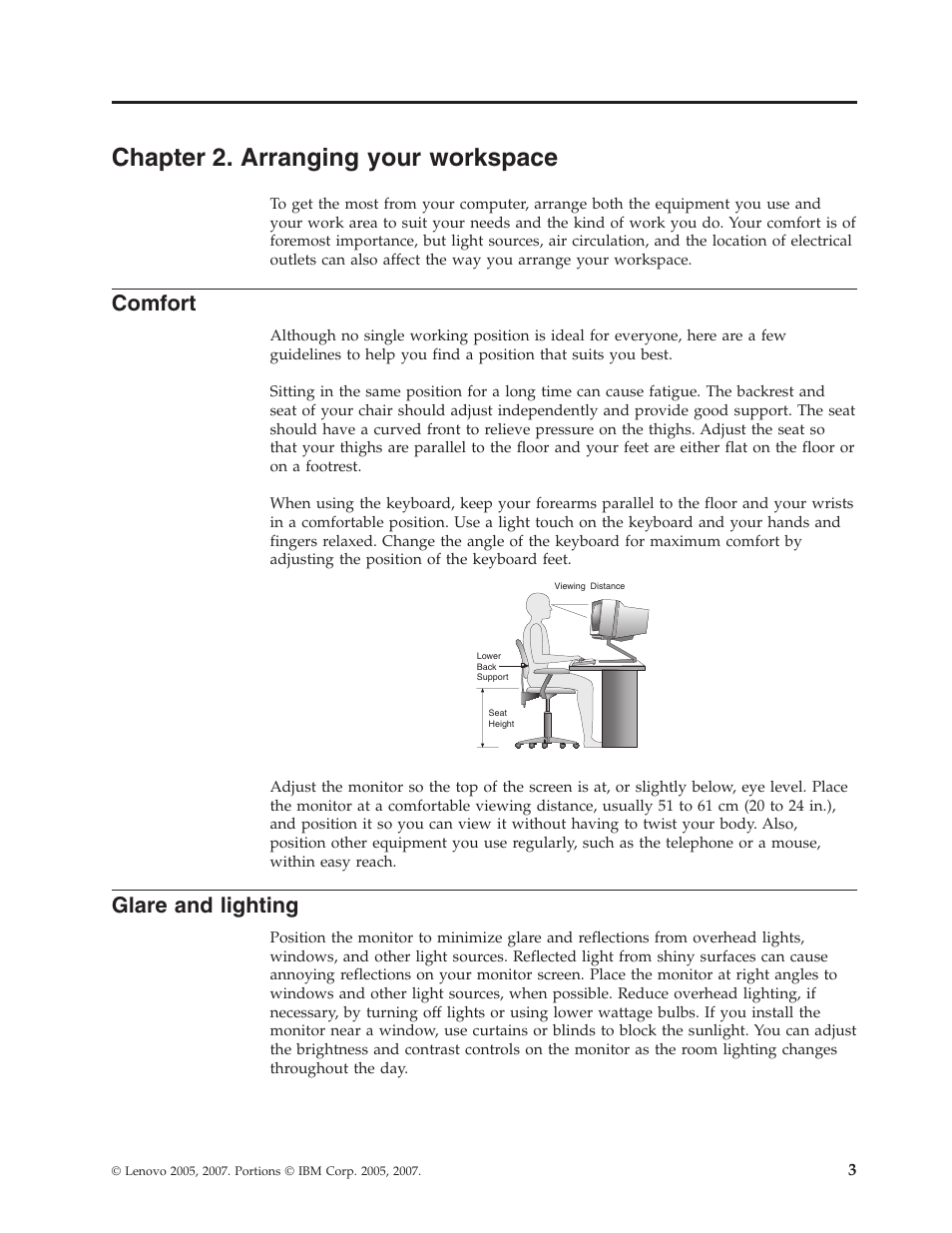 Chapter 2. arranging your workspace, Comfort, Glare and lighting | Chapter, Arranging, Your, Workspace, Glare, Lighting | Lenovo 6088 User Manual | Page 11 / 80