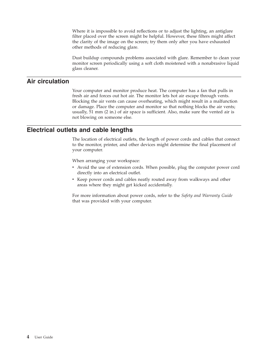 Air circulation, Electrical outlets and cable lengths, Circulation | Electrical, Outlets, Cable, Lengths | Lenovo 6088 User Manual | Page 12 / 80