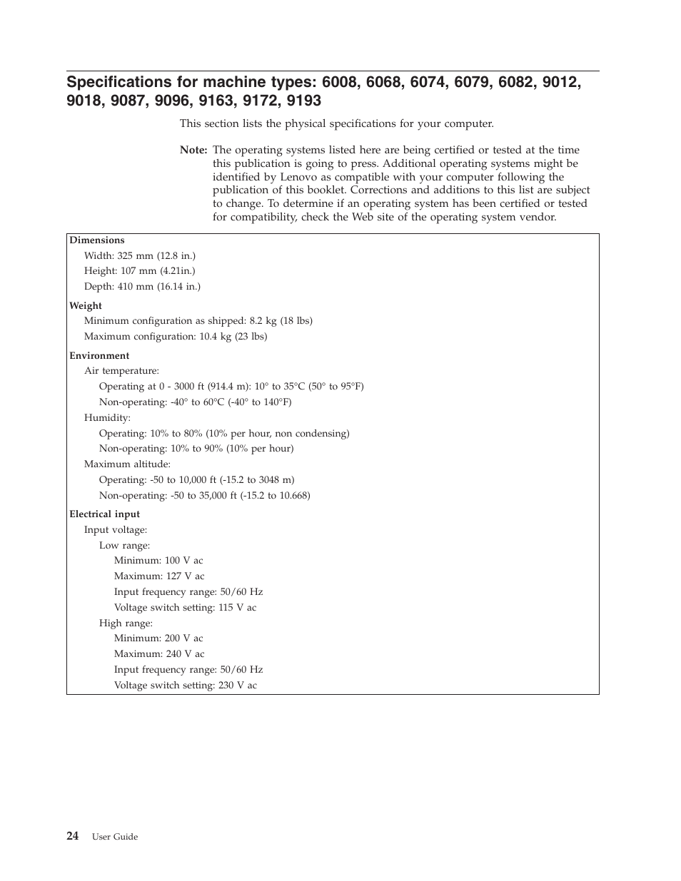 Specifications, Machine, Types | Lenovo 6088 User Manual | Page 32 / 80