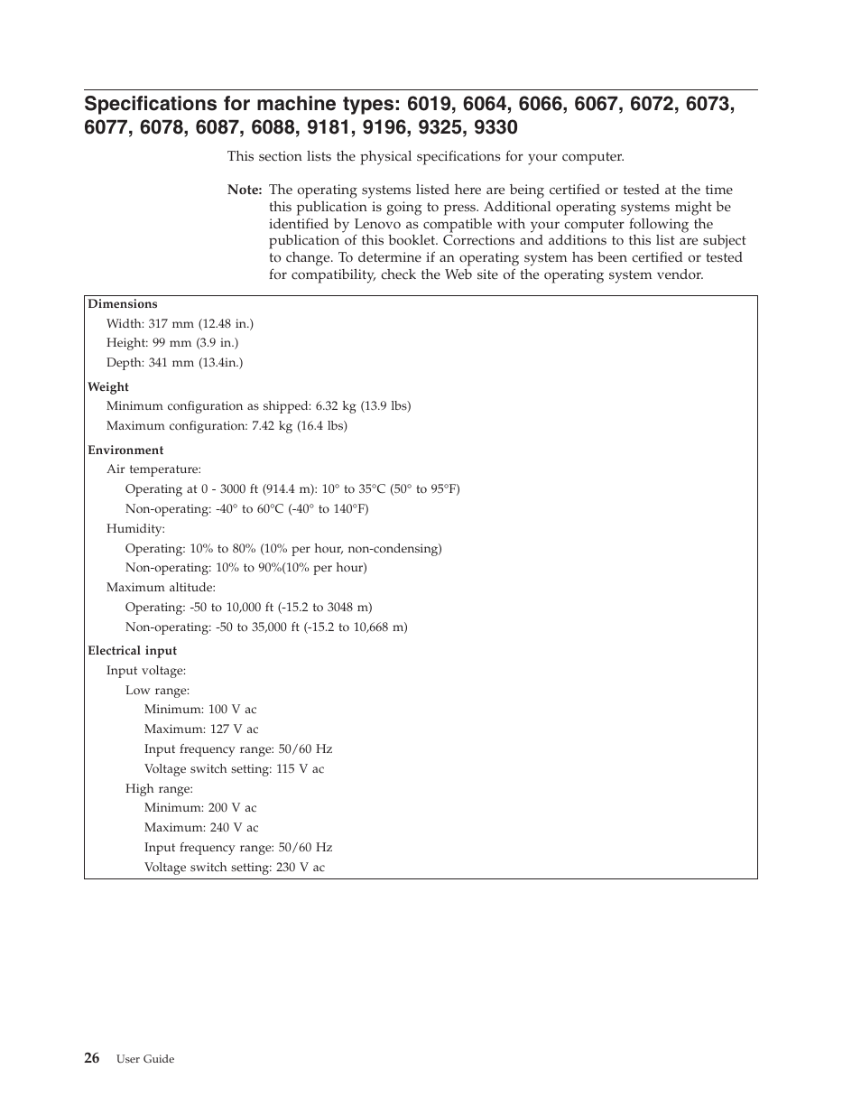Specifications, Machine, Types | Lenovo 6088 User Manual | Page 34 / 80