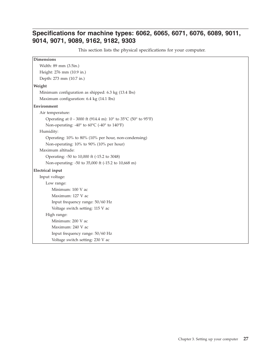 Specifications, Machine, Types | Lenovo 6088 User Manual | Page 35 / 80