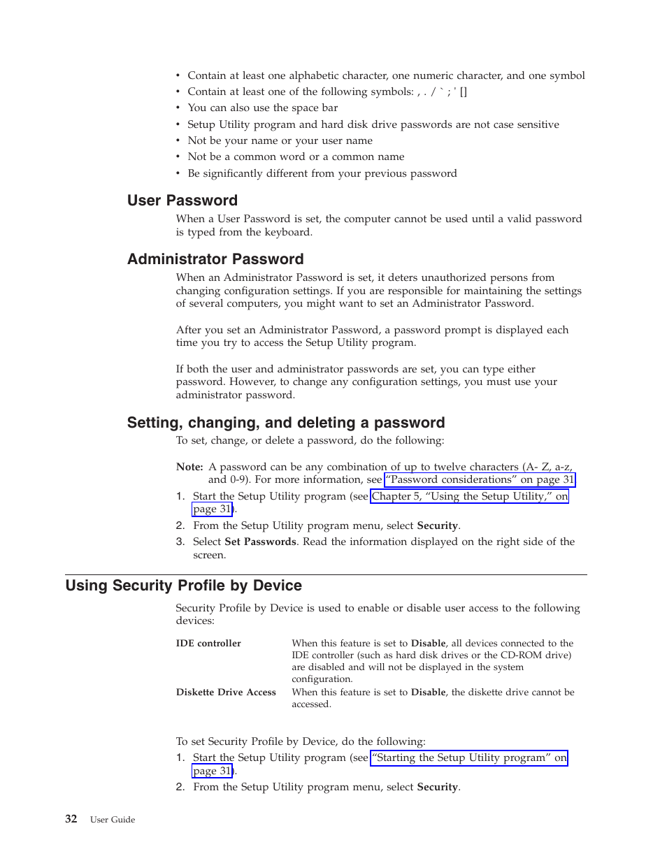 User password, Administrator password, Setting, changing, and deleting a password | Using security profile by device, User, Password, Administrator, Setting, Changing, Deleting | Lenovo 6088 User Manual | Page 40 / 80