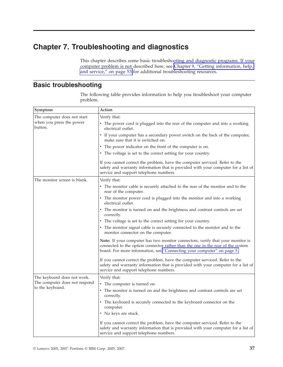 Chapter 7. troubleshooting and diagnostics, Basic troubleshooting, Chapter | Troubleshooting, Diagnostics, Basic | Lenovo 6088 User Manual | Page 45 / 80