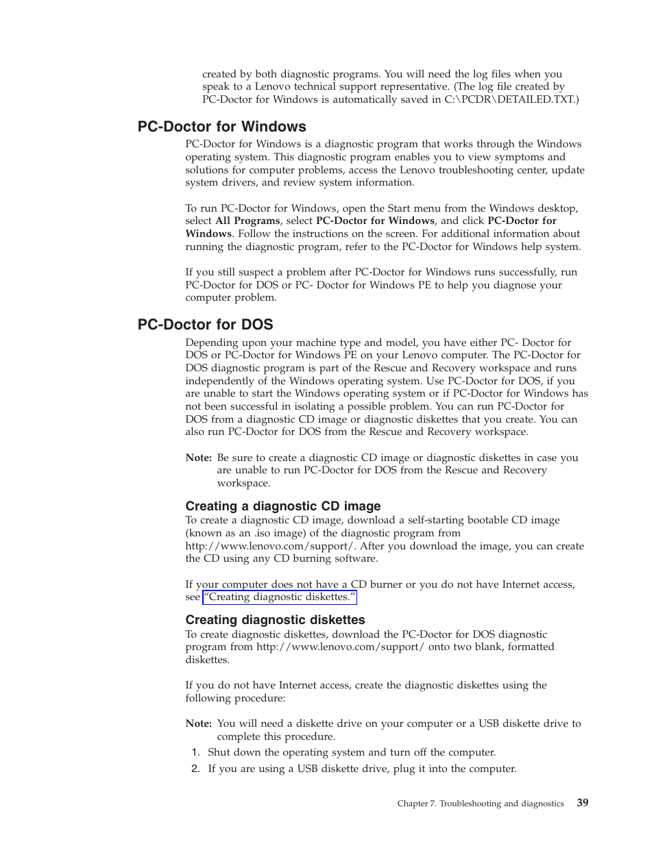 Pc-doctor for windows, Pc-doctor for dos, Creating a diagnostic cd image | Creating diagnostic diskettes, Pc-doctor, Windows | Lenovo 6088 User Manual | Page 47 / 80