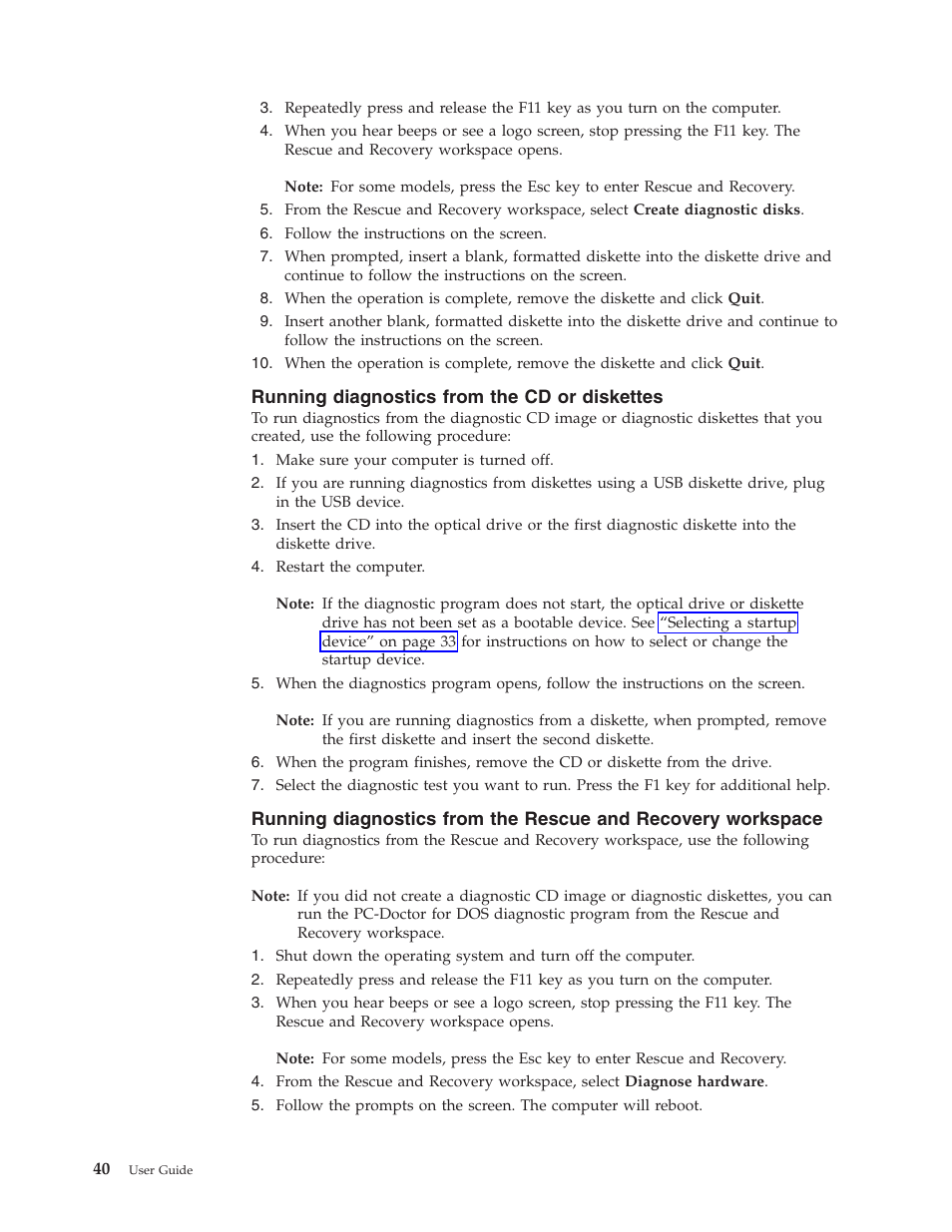 Running diagnostics from the cd or diskettes, Running, Diagnostics | From, Diskettes, Rescue, Recovery, Workspace | Lenovo 6088 User Manual | Page 48 / 80