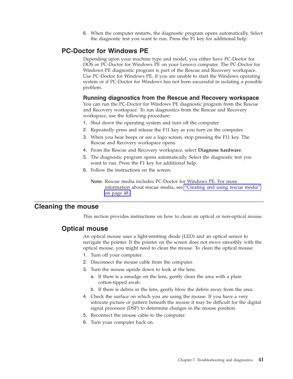 Pc-doctor for windows pe, Cleaning the mouse, Optical mouse | Pc-doctor, Windows, Cleaning, Mouse, Optical | Lenovo 6088 User Manual | Page 49 / 80