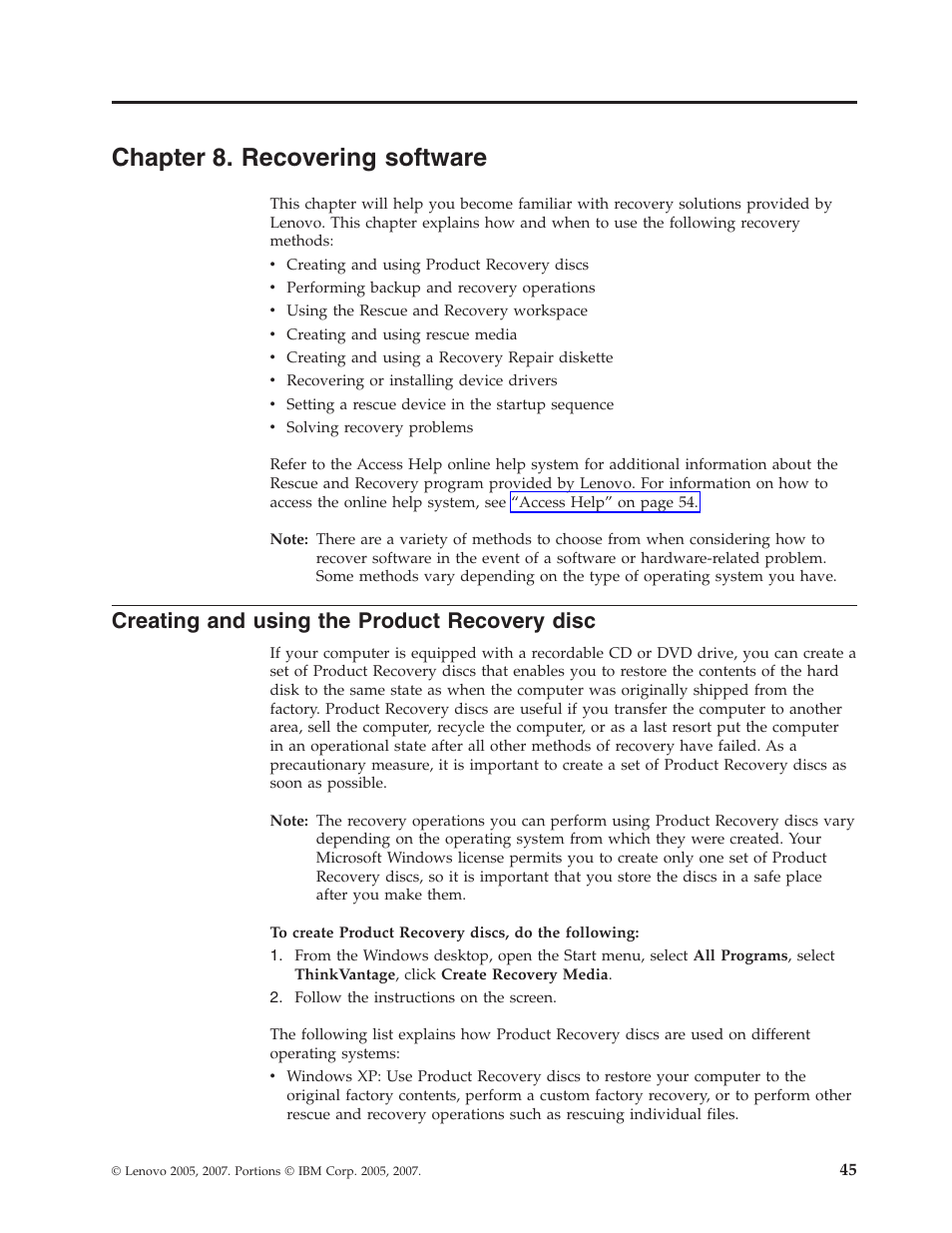 Chapter 8. recovering software, Creating and using the product recovery disc, Chapter | Recovering, Software, Creating, Using, Product, Recovery, Disc | Lenovo 6088 User Manual | Page 53 / 80