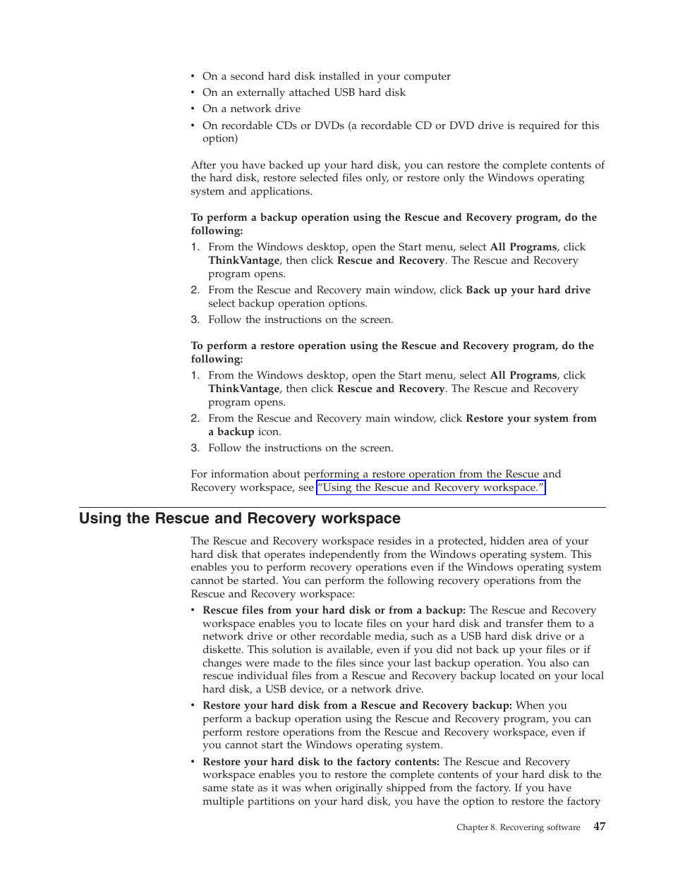Using the rescue and recovery workspace, Using, Rescue | Recovery, Workspace | Lenovo 6088 User Manual | Page 55 / 80
