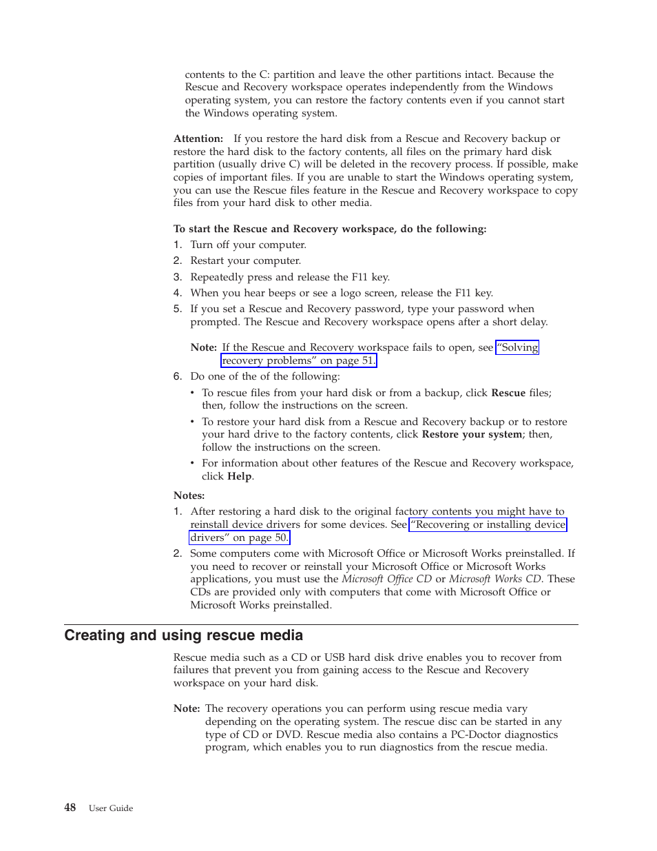 Creating and using rescue media, Creating, Using | Rescue, Media | Lenovo 6088 User Manual | Page 56 / 80