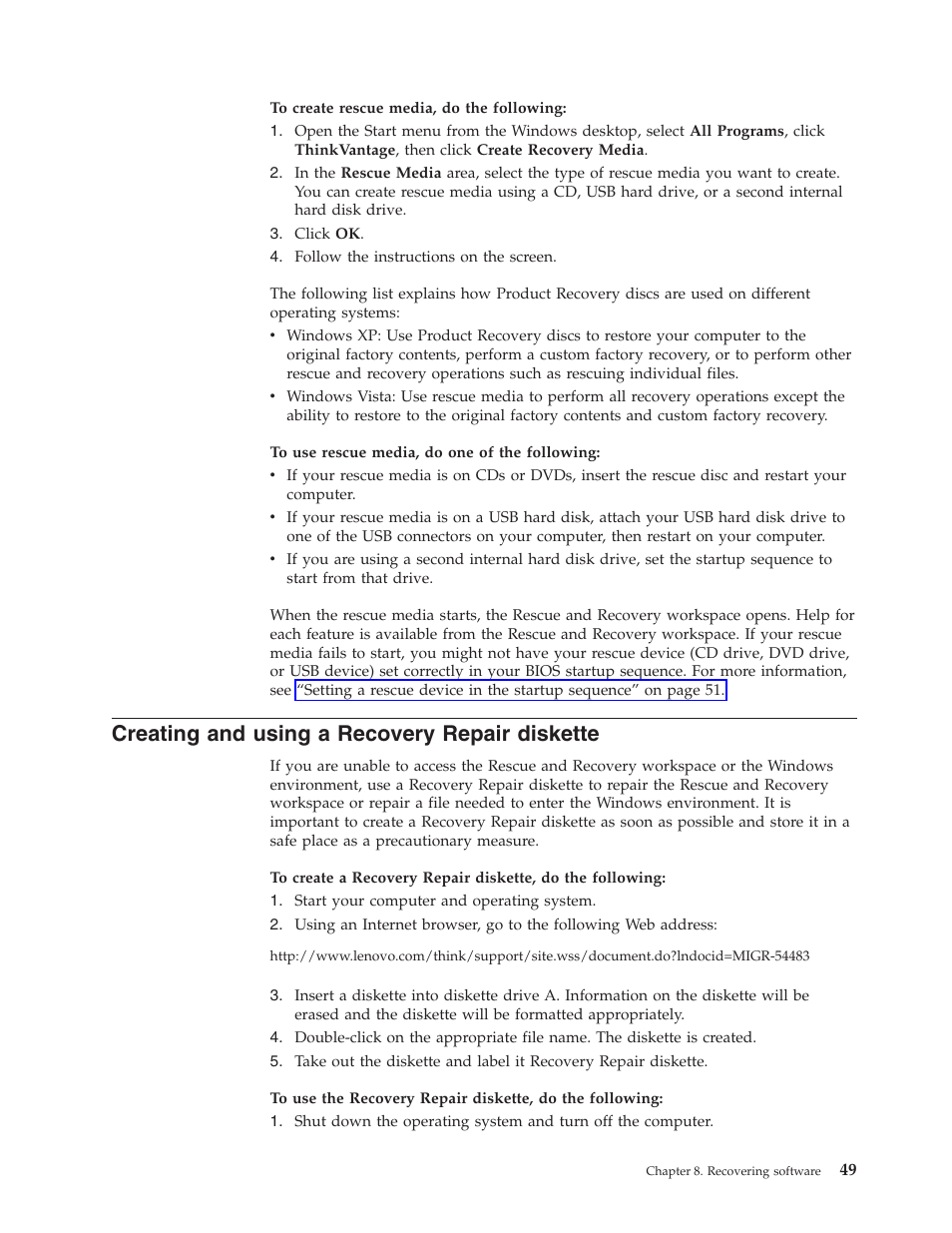 Creating and using a recovery repair diskette, Creating, Using | Recovery, Repair, Diskette | Lenovo 6088 User Manual | Page 57 / 80