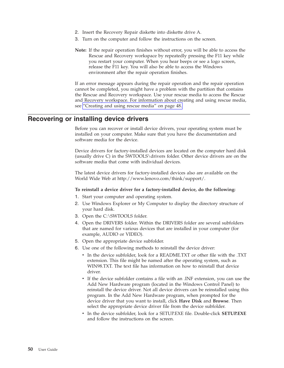 Recovering or installing device drivers, Recovering, Installing | Device, Drivers | Lenovo 6088 User Manual | Page 58 / 80