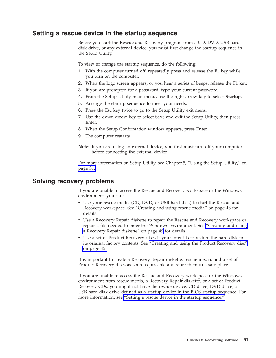 Setting a rescue device in the startup sequence, Solving recovery problems, Setting | Rescue, Device, Startup, Sequence, Solving, Recovery, Problems | Lenovo 6088 User Manual | Page 59 / 80