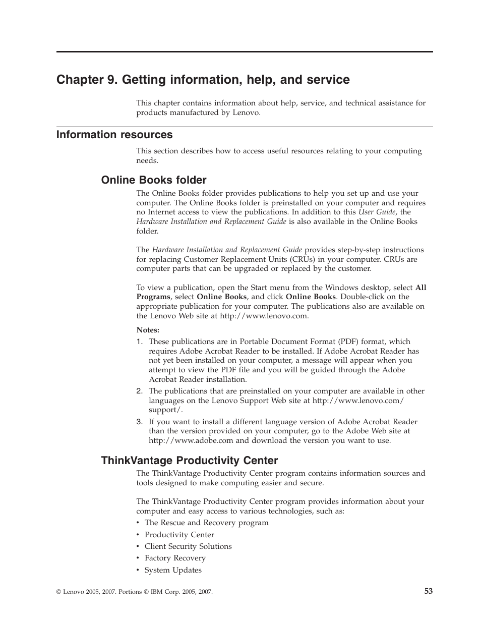 Chapter 9. getting information, help, and service, Information resources, Online books folder | Thinkvantage productivity center, Chapter, Getting, Information, Help, Service, Resources | Lenovo 6088 User Manual | Page 61 / 80