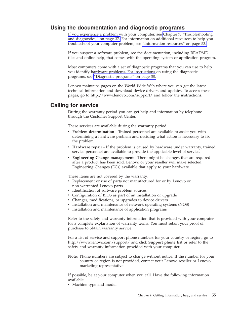 Using the documentation and diagnostic programs, Calling for service, Using | Documentation, Diagnostic, Programs, Calling, Service | Lenovo 6088 User Manual | Page 63 / 80