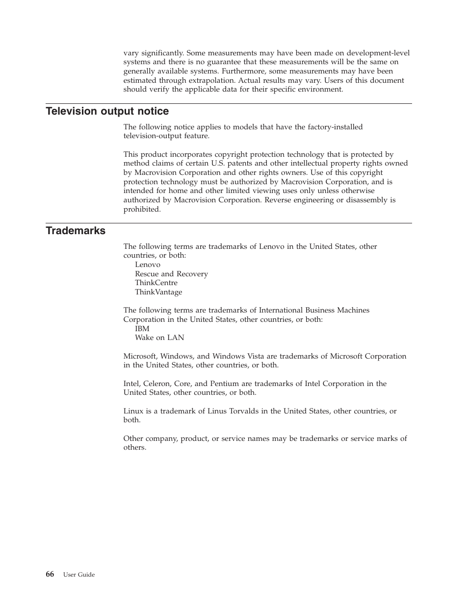 Television output notice, Trademarks, Television | Output, Notice | Lenovo 6088 User Manual | Page 74 / 80