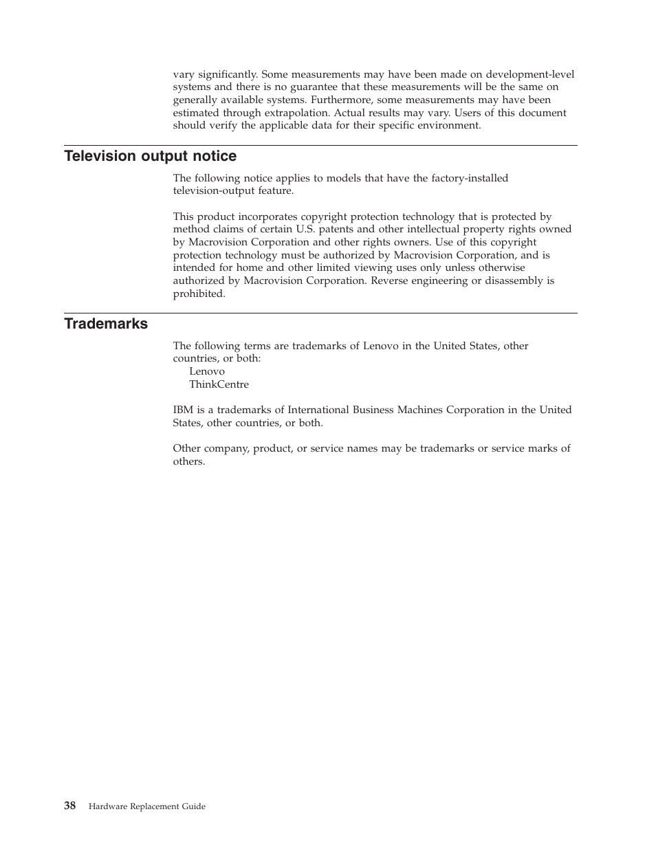 Television output notice, Trademarks, Television | Output, Notice | Lenovo THINKCENTRE 8804 User Manual | Page 46 / 48