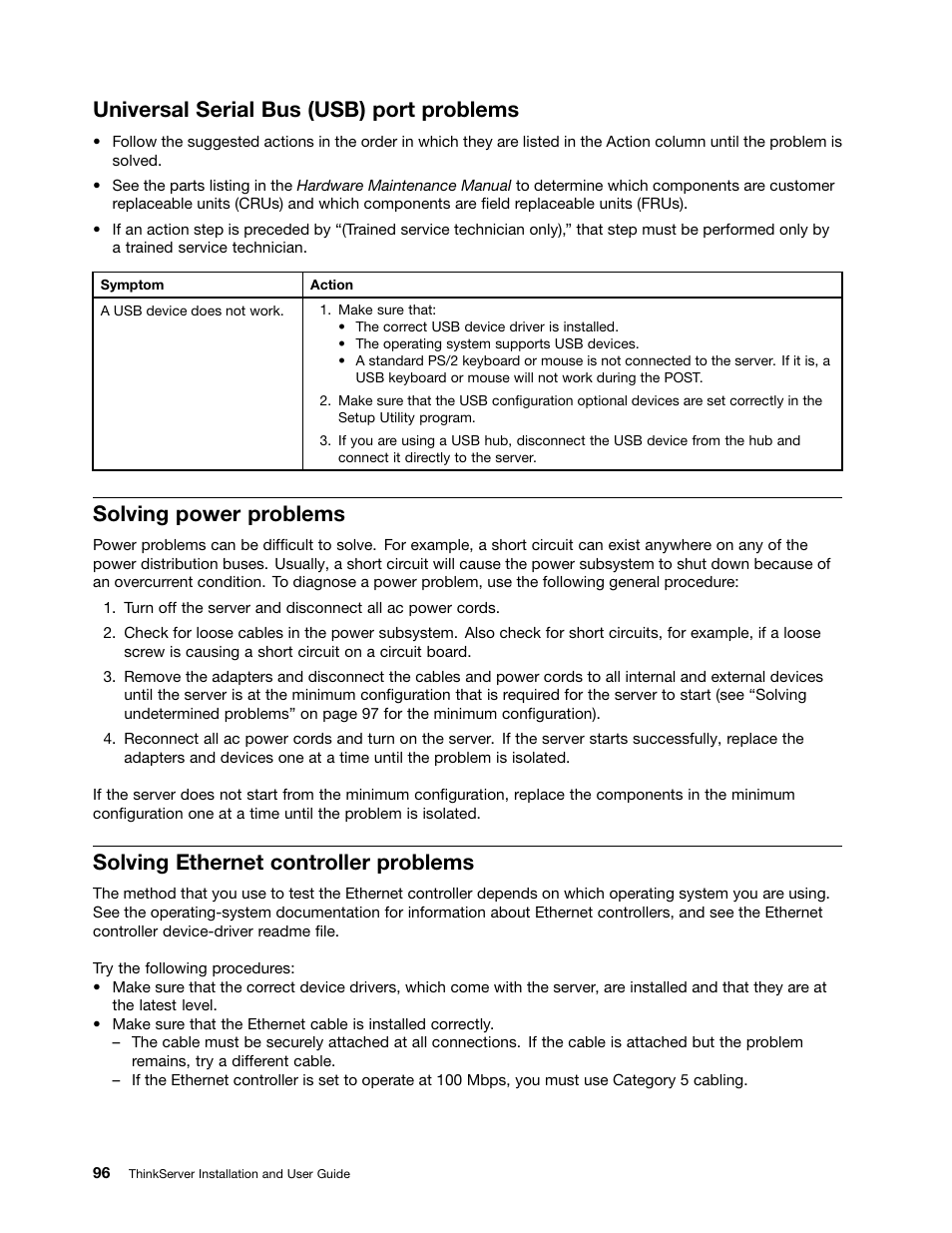 Universal serial bus (usb) port problems, Solving power problems, Solving ethernet controller problems | Lenovo 1046 User Manual | Page 106 / 130
