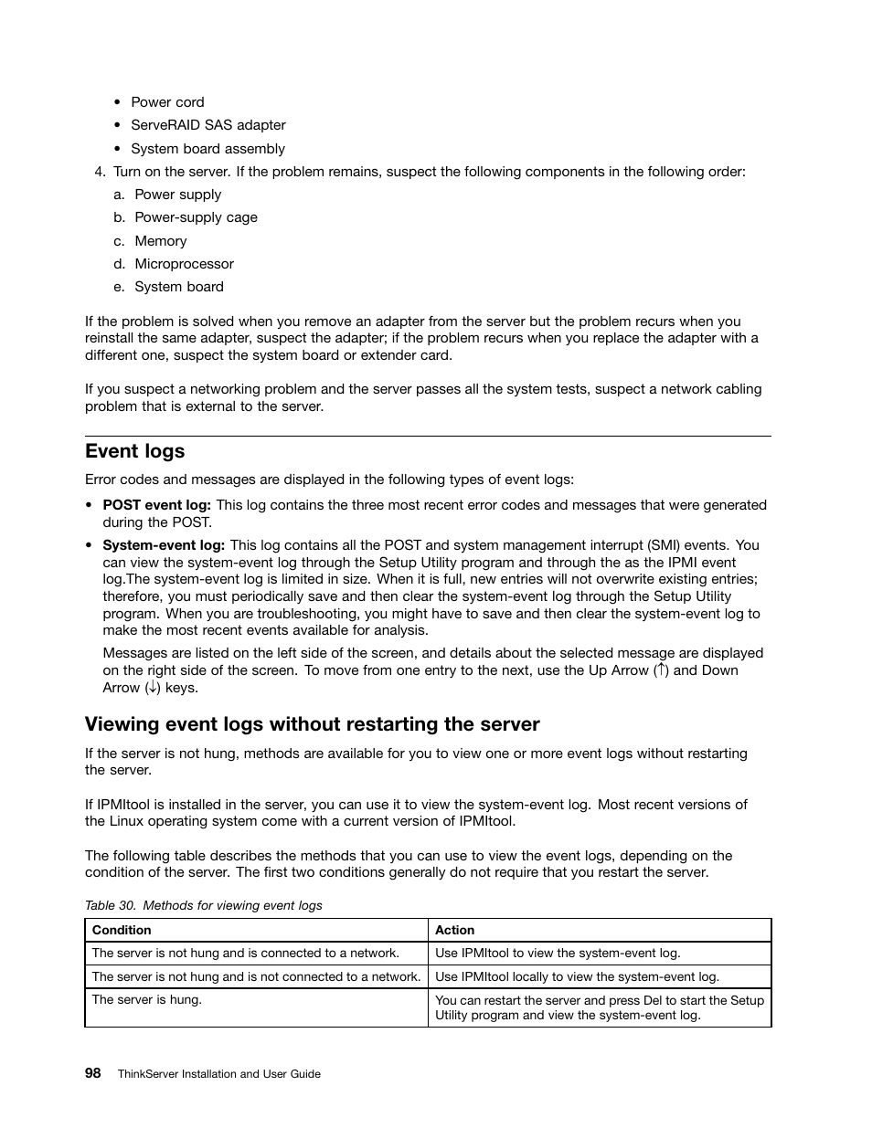 Event logs, Viewing event logs without restarting the server | Lenovo 1046 User Manual | Page 108 / 130