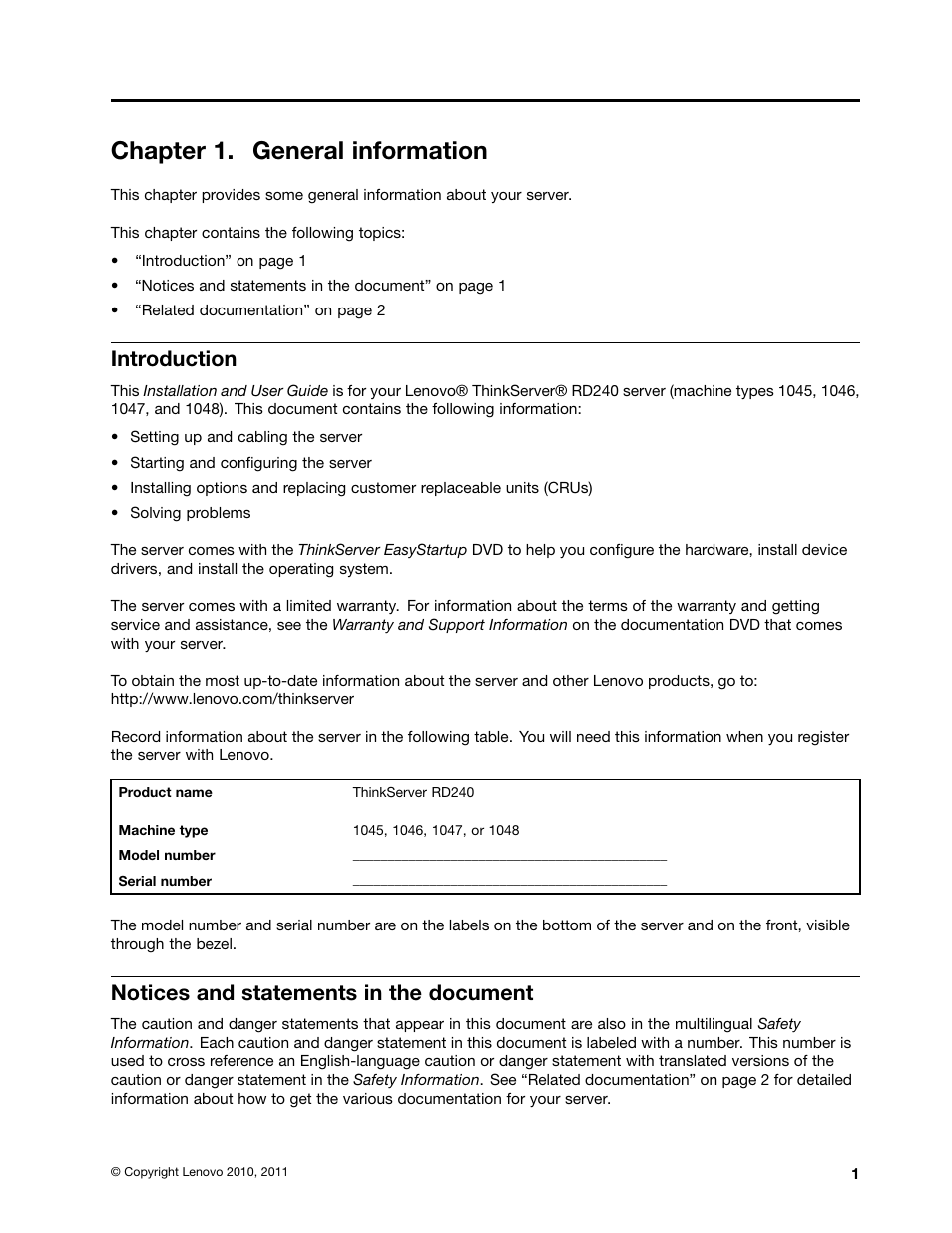 Chapter 1. general information, Introduction, Notices and statements in the document | Lenovo 1046 User Manual | Page 11 / 130