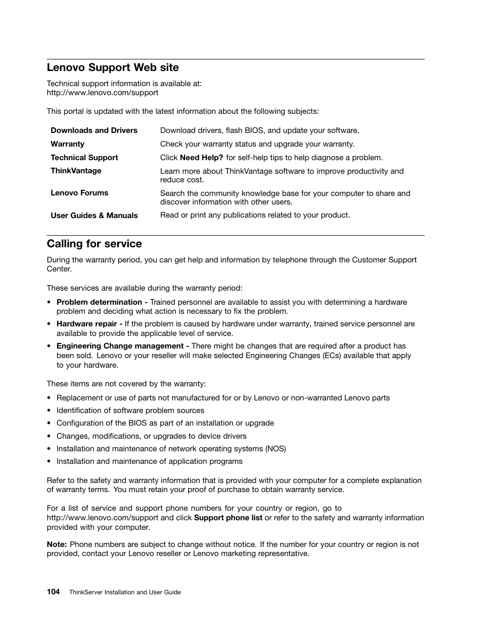 Lenovo support web site, Calling for service | Lenovo 1046 User Manual | Page 114 / 130