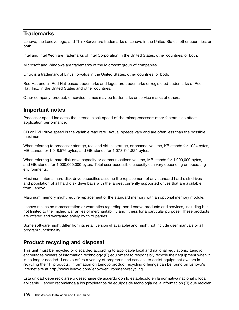 Trademarks, Important notes, Product recycling and disposal | Lenovo 1046 User Manual | Page 118 / 130