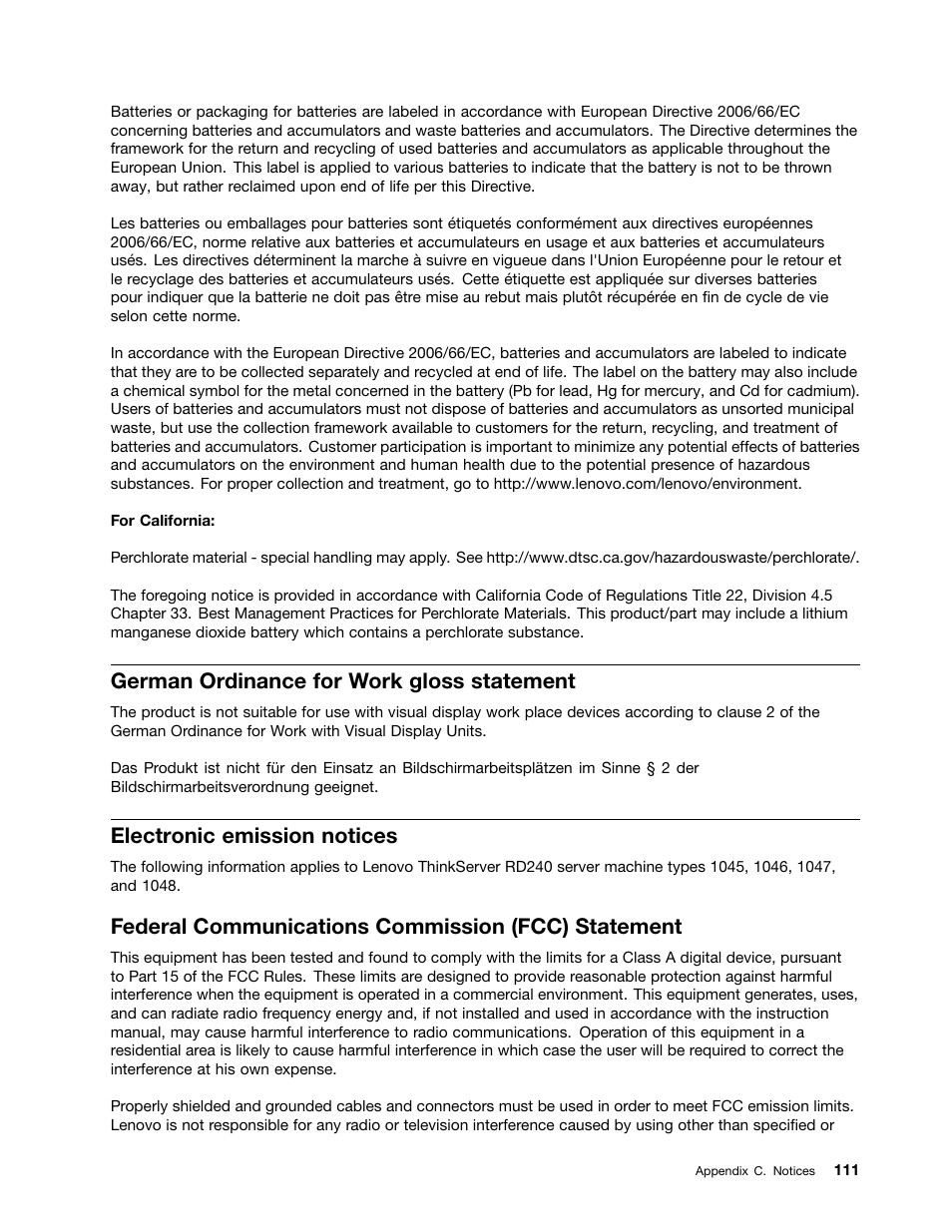 German ordinance for work gloss statement, Electronic emission notices, Federal communications commission (fcc) statement | Lenovo 1046 User Manual | Page 121 / 130