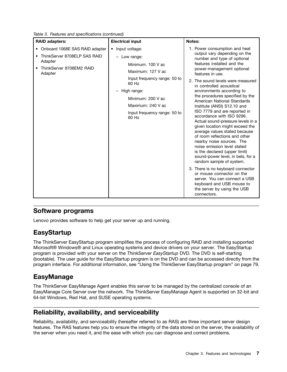 Software programs, Easystartup, Easymanage | Reliability, availability, and serviceability | Lenovo 1046 User Manual | Page 17 / 130
