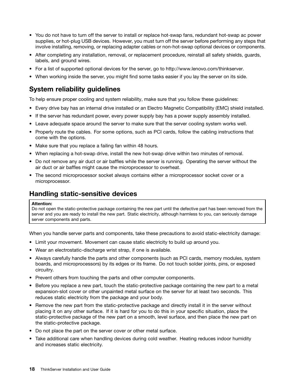 System reliability guidelines, Handling static-sensitive devices | Lenovo 1046 User Manual | Page 28 / 130