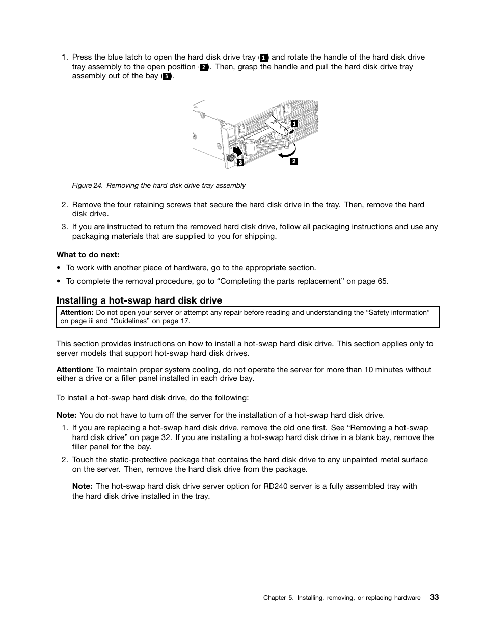 Installing a hot-swap hard disk drive | Lenovo 1046 User Manual | Page 43 / 130