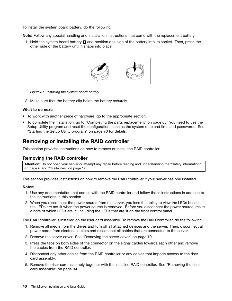 Removing or installing the raid controller | Lenovo 1046 User Manual | Page 50 / 130