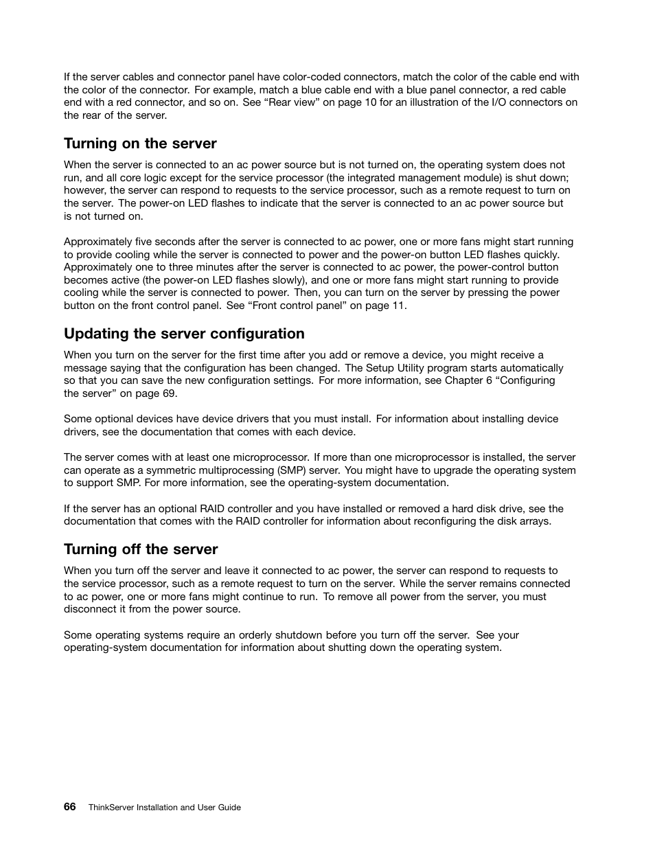Turning on the server, Updating the server configuration, Turning off the server | Lenovo 1046 User Manual | Page 76 / 130
