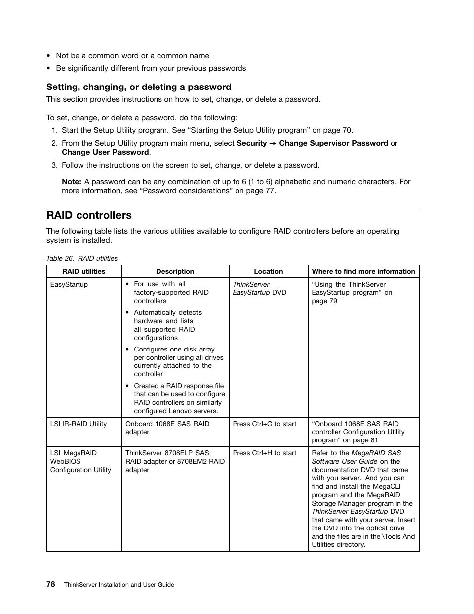 Raid controllers, Setting, changing, or deleting a password | Lenovo 1046 User Manual | Page 88 / 130