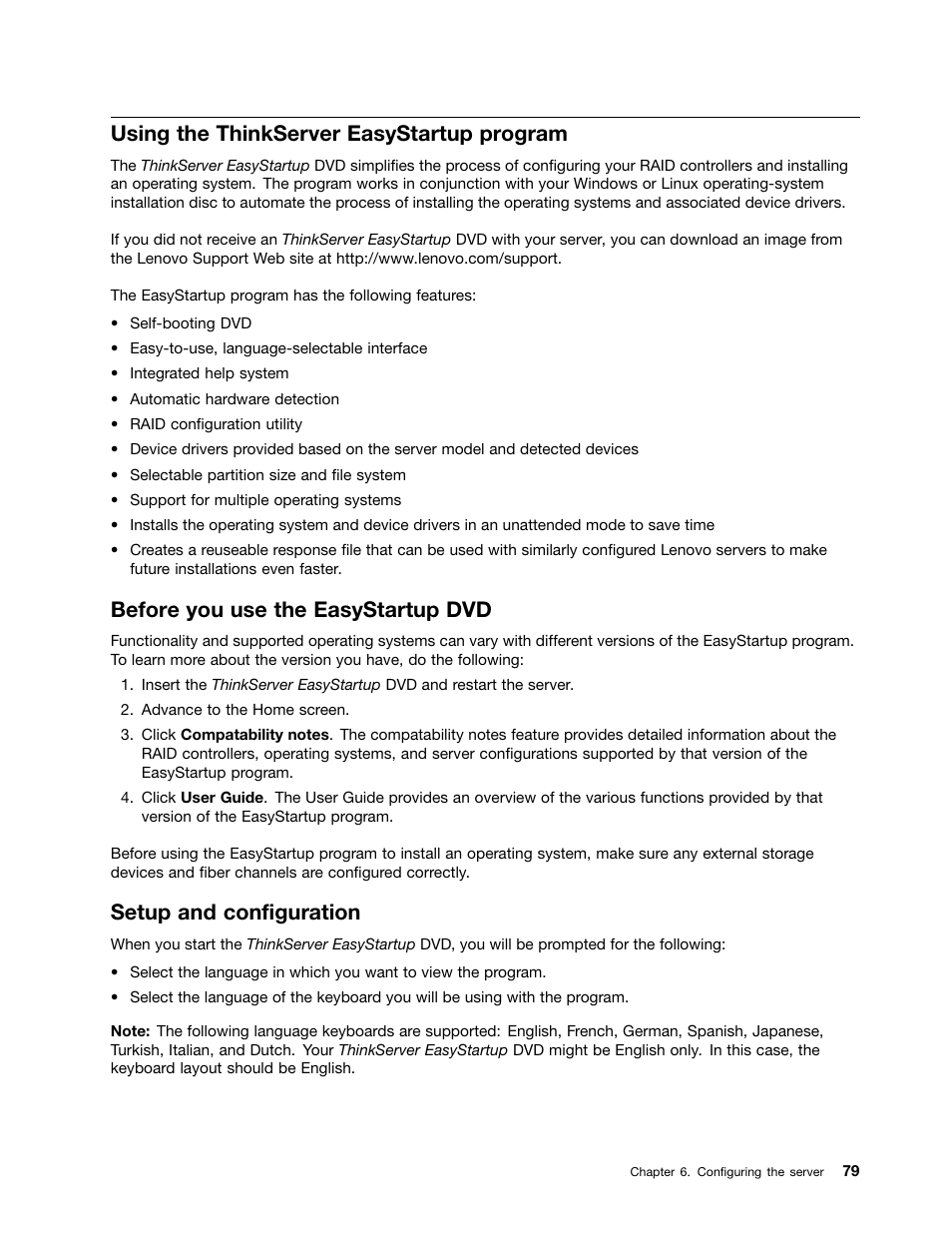Using the thinkserver easystartup program, Before you use the easystartup dvd, Setup and configuration | Lenovo 1046 User Manual | Page 89 / 130