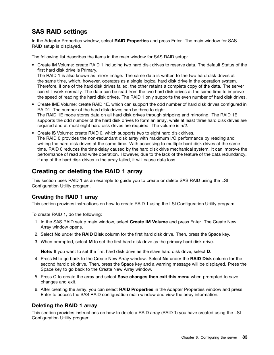 Sas raid settings, Creating or deleting the raid 1 array | Lenovo 1046 User Manual | Page 93 / 130