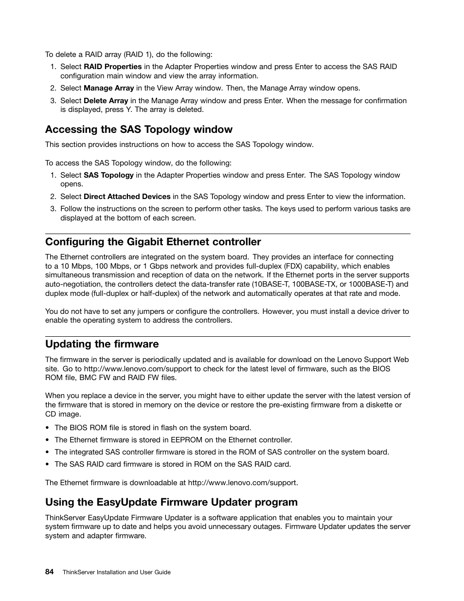 Accessing the sas topology window, Configuring the gigabit ethernet controller, Updating the firmware | Using the easyupdate firmware updater program | Lenovo 1046 User Manual | Page 94 / 130