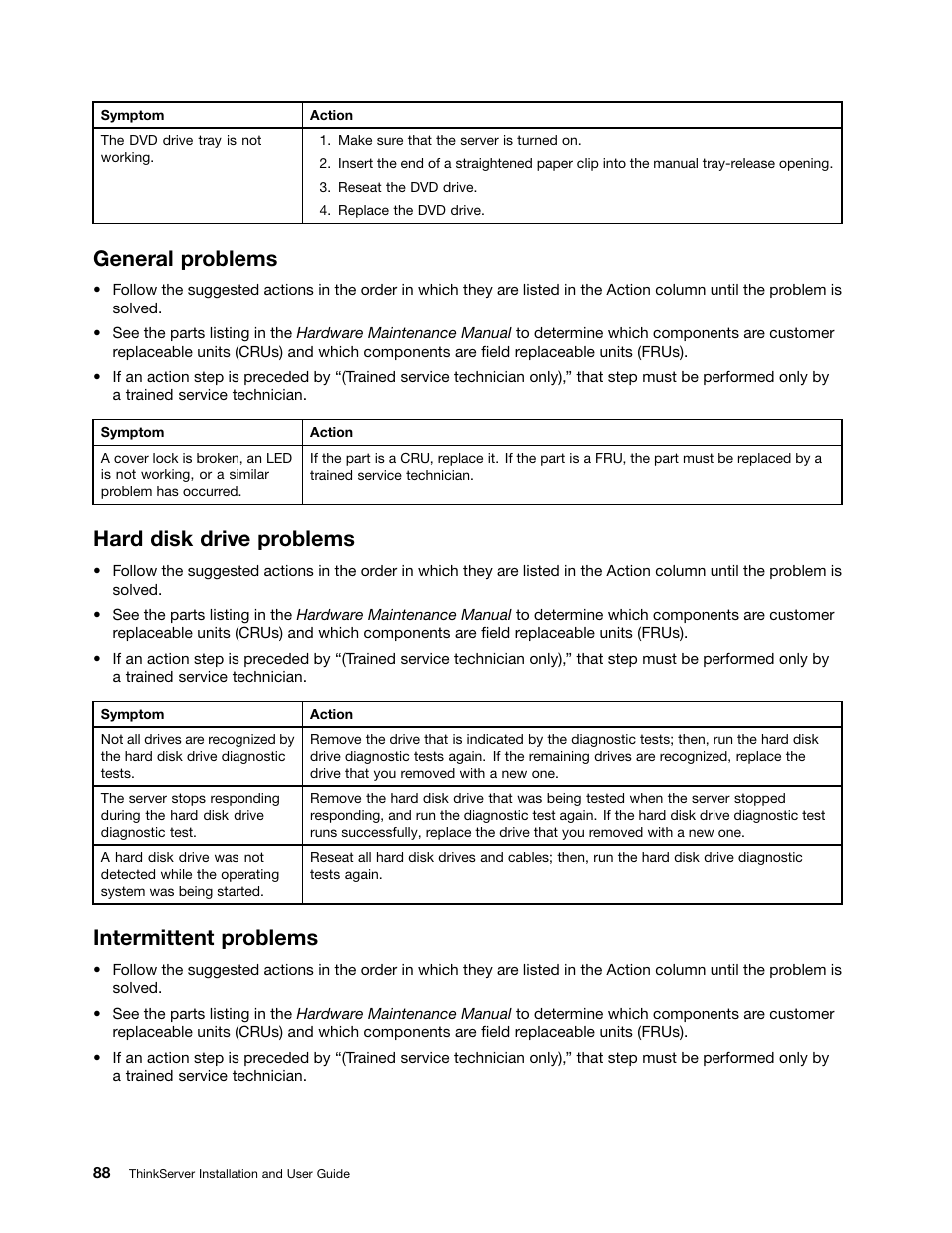 General problems, Hard disk drive problems, Intermittent problems | Lenovo 1046 User Manual | Page 98 / 130