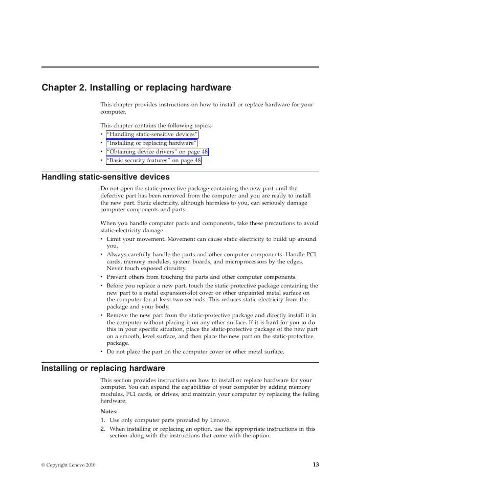 Chapter 2. installing or replacing hardware, Handling static-sensitive devices, Installing or replacing hardware | Lenovo 5023 User Manual | Page 21 / 94