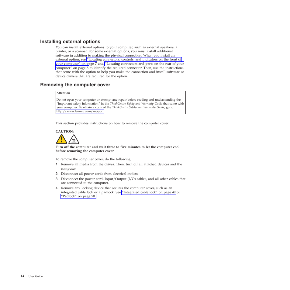 Installing external options, Removing the computer cover | Lenovo 5023 User Manual | Page 22 / 94