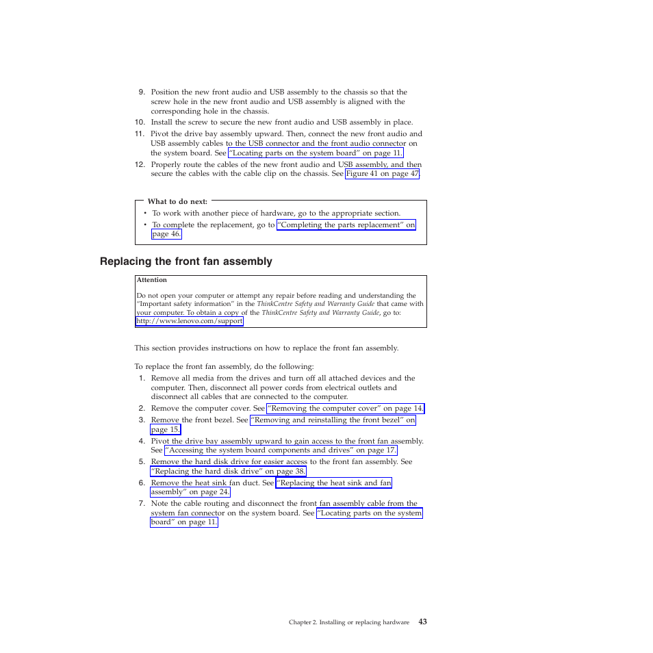 Replacing the front fan assembly | Lenovo 5023 User Manual | Page 51 / 94