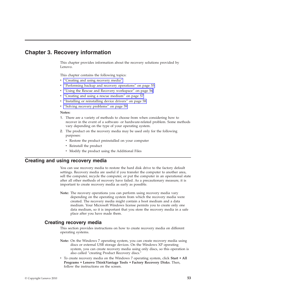 Chapter 3. recovery information, Creating and using recovery media, Creating recovery media | Lenovo 5023 User Manual | Page 61 / 94