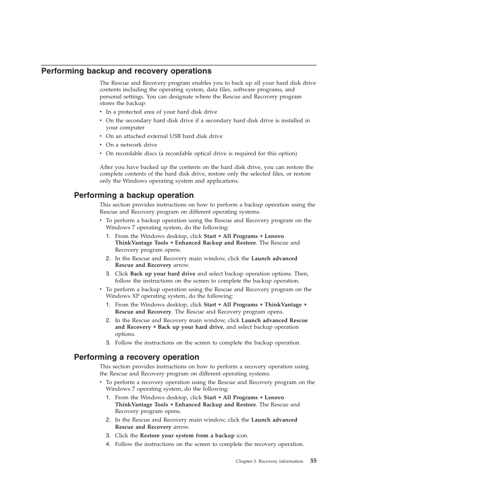 Performing backup and recovery operations, Performing a backup operation, Performing a recovery operation | Lenovo 5023 User Manual | Page 63 / 94